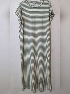 EUC Boutique Polagram Midi Short Sleeve Shirt Dress Green Stripes Comfy Size XL